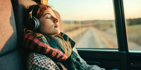 Serene Journey A Young Woman Blissfully Enjoying a Relaxing Moment on a Scenic Bus Journey