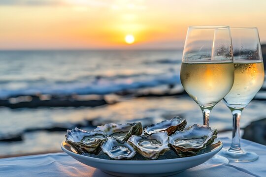 Plate of fresh oysters served with white wine glass on table, set against warm sunset over ocean, creating a serene and elegant dining atmosphere