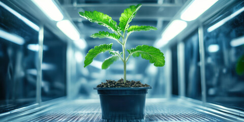 A Young Plant Growing in a Controlled Environment Specifically for Optimal Conditions