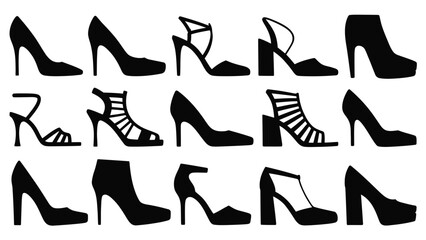 Vector silhouette illustration of set of women's black high heel shoes on transparent background. set of female shoes
