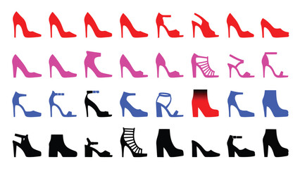 Colorful and Black Silhouettes of Women’s High Heel Shoes, Fashion Footwear Vector Set. set of female shoes