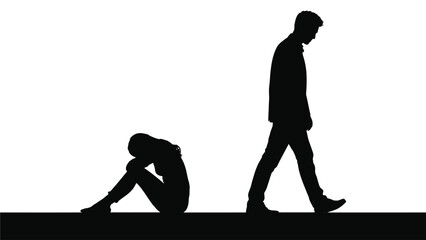 Silhouette of Woman Sitting in Sadness and Man Walking Away, Relationship Breakup and Emotional Pain Concept
