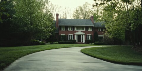 An Elegant Brick Home that is Beautifully Surrounded by a Lush and Inviting Landscape