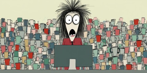 A Stressed Worker Sitting Amidst Many Coffee Cups in a Chaotic Office Environment