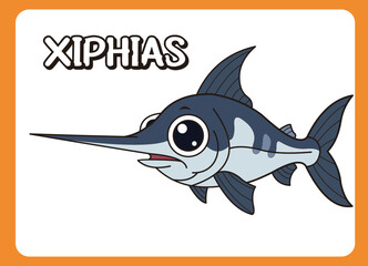Cute little marlin fish  happy smile cartoon illustration. vector 2 dimension