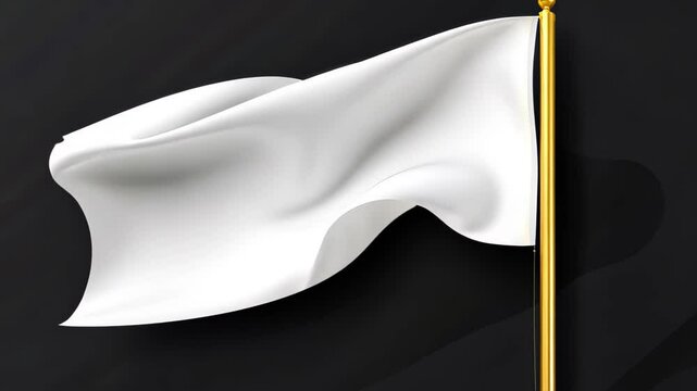 White Flag: A pristine white flag flutters gracefully on a golden pole against a stark background, a symbol of surrender and peace.