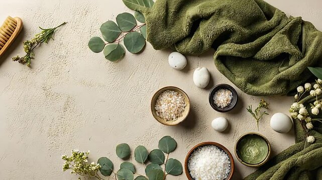 Spa-themed flatlay with natural elements