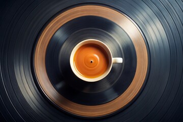 Coffee cup on vinyl record music and caffeine concept top view