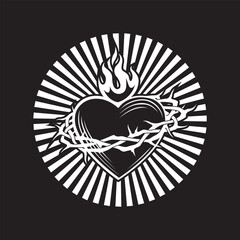 heart, crown of thorns and flame isolated on black background