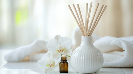 Obraz premium Aromatic Diffuser with Essential Oil and Fresh Orchid Flowers