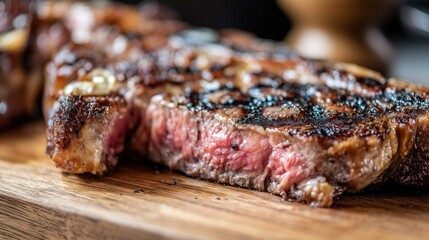 Juicy medium-rare ribeye steak, perfectly grilled. A celebration of rich flavors and culinary mastery