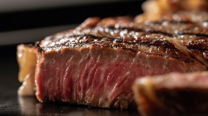Juicy medium-rare ribeye steak, perfectly grilled. A celebration of rich flavors and culinary mastery