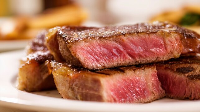 Juicy medium-rare ribeye steak, perfectly grilled. A celebration of rich flavors and culinary mastery