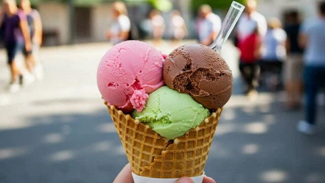 Ice cream cone with pink, green, and brown flavors in sunny park  