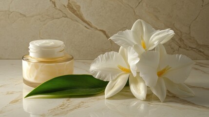 Elegant Cream Jar with Fresh White Orchid on Marble Surface