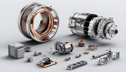 Exploded view of electric vehicle motor with detailed components on gray background. 3D rendering of eco-friendly car engine. Innovative motor tech for electric vehicles
