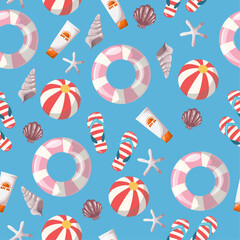 Hand drawn vector seamless summer pattern with beach elements and items. Ball, slippers, shells, swim ring and lotion in flat cartoon stylisation. Colorful background for print