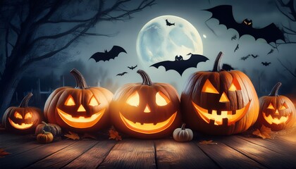 playfull halloween night with pumpkins and bats