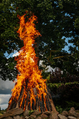 Fire dancer. The fire dances. Tall bonfire burning intensely with orange flames reaching high,...