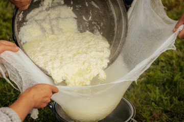 Curds and whey are being poured from a large pot into cheesecloth to drain over a colander during...