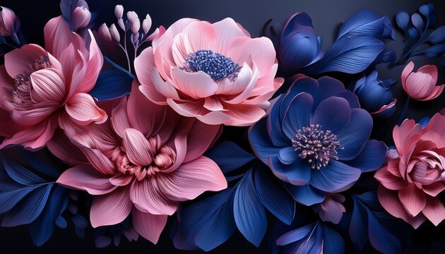 flores en tonos rosa y azul oscuro sobre un fondo negro