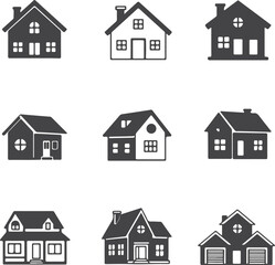 Illustrative Collection of Charming Home Icons Depicting Diverse Architectural Styles and Designs for Real Estate and Housing Concepts