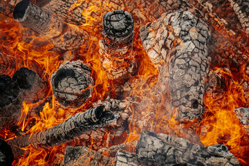 Close-up of a blazing bonfire with charred logs and vivid orange flames, showcasing intense heat...