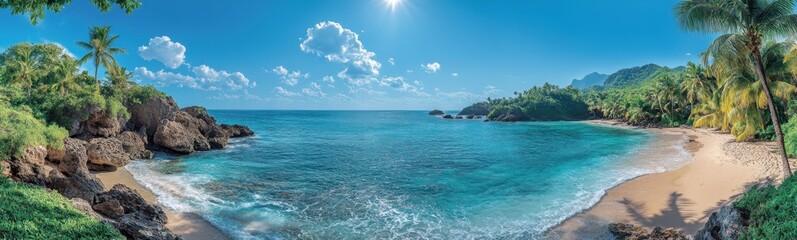 View of a beach with a boat in the water travel concept banner copy space