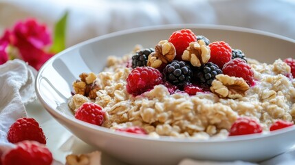 Healthy Breakfast Bowl with Oats and Fresh Berries and Nuts