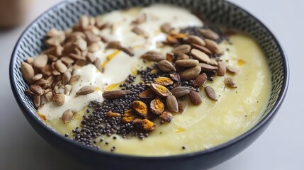 Fototapeta premium Healthy Breakfast Bowl with Seeds, Nuts, and Creamy Smooth Texture