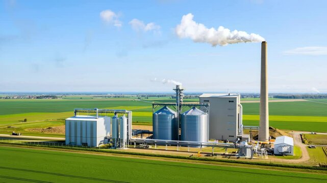 Biomass power plant with silo storage, combined heat and power facility, renewable energy generation in agricultural landscape