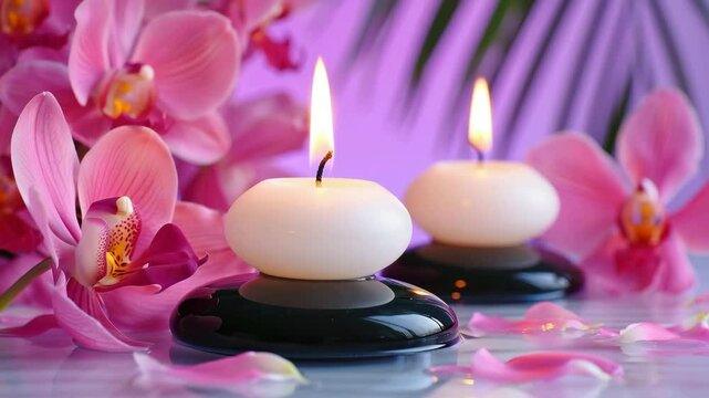 Zen spa scene with lit candles, black stones and pink orchids, peaceful wellness and relaxation concept