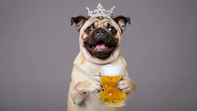Pug wearing tiara holding beer mug, International Beer Day festival scene, novelty pet portrait, craft beer celebration, pub event 
