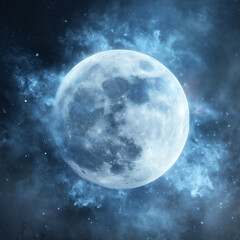 Moon out in the space, Blue moon glowing with  halo isolated on black background.  Amber moon, Full moon with star ,