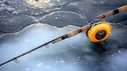 Ice fishing equipment on frozen lake with cracked ice surface