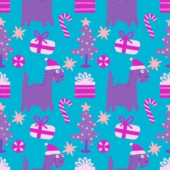 Christmas tree seamless dragon and gift box and balls and penguin pattern for wrapping paper and fabrics