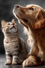 Cat and golden retriever looking up together in studio light