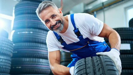 Tire technician holding tire for automotive service brochures tire shop promotions wheel balancing campaigns