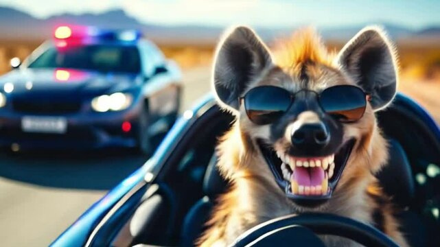 Cool Hyena Wearing Sunglasses Driving a Convertible on a Desert Highway under Bright Blue Sky