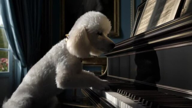 Elegant White Poodle Playing a Grand Piano Inside a Luxurious Classical Room with Framed Art
