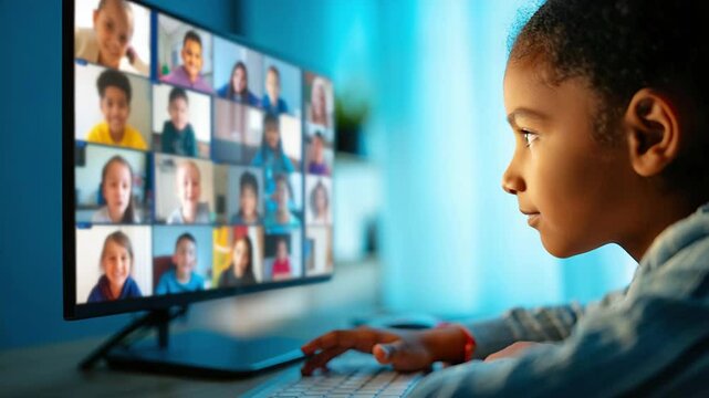 Young girl on video call, virtual playdates, remote learning, online social interaction, digital communication