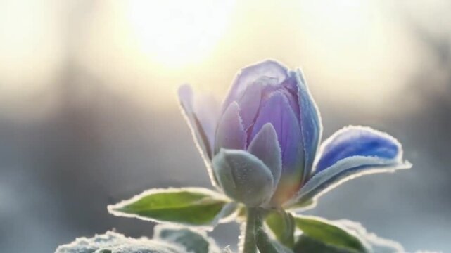Frost-Covered Blue Flower Bud in Early Morning Light with Soft Focus and Winter Atmosphere