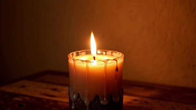 Glowing Candle with Melting Wax on Rustic Wooden Table Illuminating a Warm and Cozy Interior