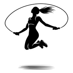 Black and white silhouette of a girl jumping rope on a white isolated background. Vector graphics. EPS.