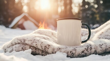 Cozy Mug on Soft Blanket Beside Campfire in Snowy Winter Setting