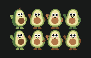 Obraz premium Adorable collection of eight cartoon avocado characters waving