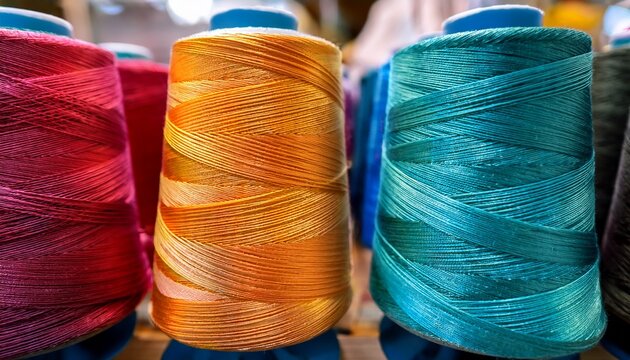 colorful thread spools lined up displaying vivid hues ready for crafting sewing and textile design creativity