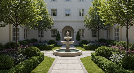 Obraz premium Elegant courtyard with a tiered fountain, manicured gardens, and a grand building.