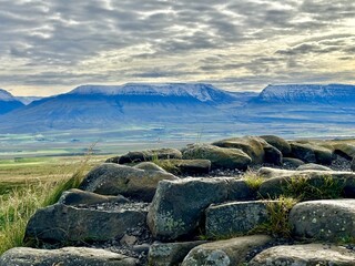 Icelandic landscape with foreground stones, grassy plains and snow-capped mountains under a...