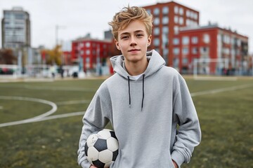 Teen boy in gray hoodie holding soccer ball on urban field with buildings in background representing active lifestyle and youth sports culture